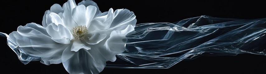 Fototapeta premium White flower with flowing fabric in dark background.