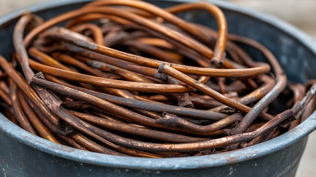 Copper cables in a plastic sheath showcased in a bowl highlighting their texture and color diversity perfect for recycling or electrical themes