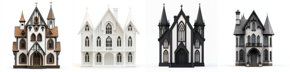 Fototapeta premium Mysterious gothic houses architectural model building house home structure design style gothic revival pointed arch intricate detail facade window