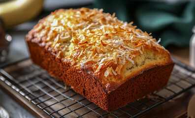 Hawaiian banana bread freshly baked and placed on a rack to cool.