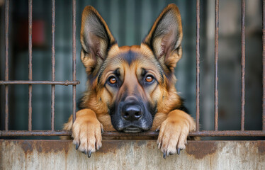 Close-up of a German Shepherd dog's muzzle looking out from the metal bars of a fence.