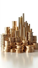  Abstract marketing background with 3D stacked golden coins and an ascending bar graph, symbolizing financial growth and investment opportunities. High-quality design with gold foil texture, perfect f