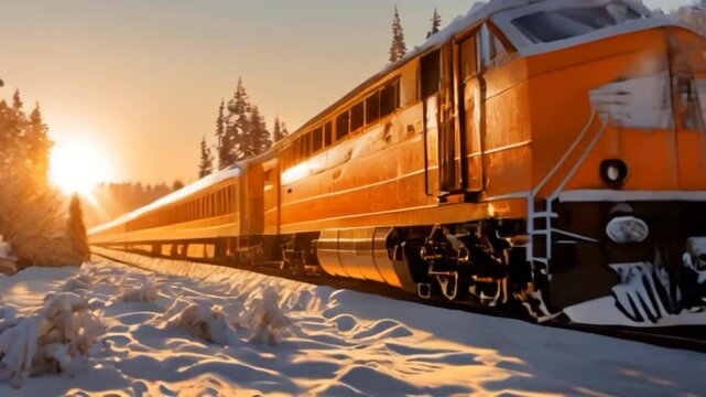 Colorful train running snow road sunrise