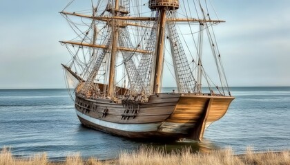 Fototapeta premium Replica Of A Historic Wooden Sailing Ship Anchored Near The Beach At The Waters Edge