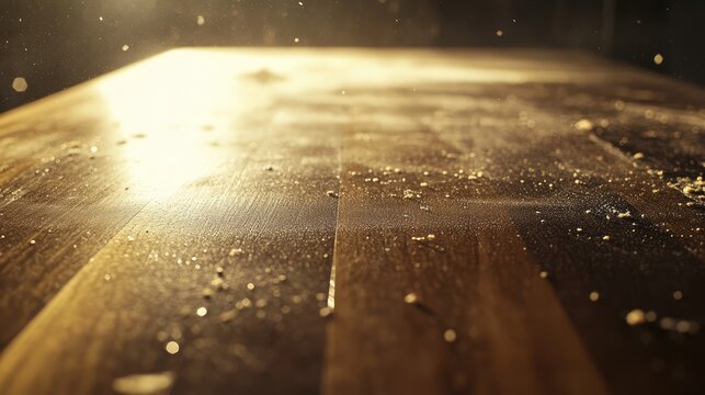 Black walnut table surface dust during sanding process with sunlight highlighting wood textures and particles