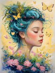 Dreamy Woman with Blue Hair, Surrounded by Butterflies and Flowers in a Magical Garden