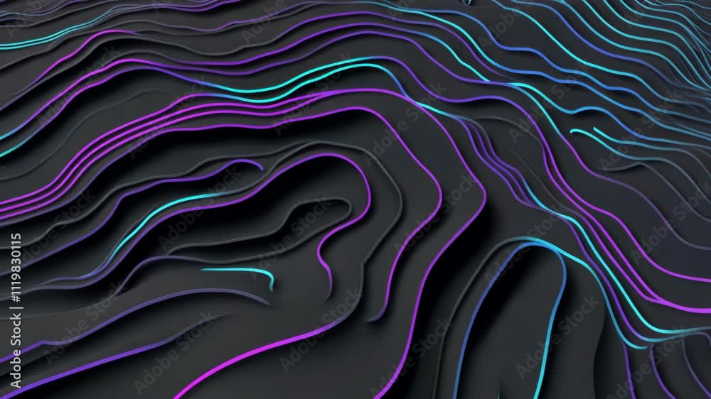 Poster abstract wavy design with colorful lines and depth effect on dark background