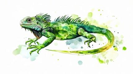 Obraz premium Green Iguana Watercolor Painting Artistic Reptile Illustration