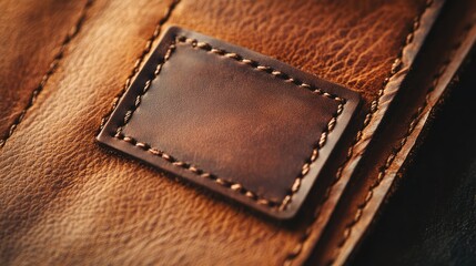 Close-up of a blank leather jeans label on aged brown leather showcasing natural texture and luxurious detail in soft lighting