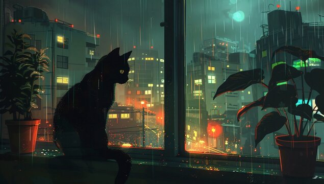 A black cat sits by a window, gazing at a rainy city night. The scene is dark and moody, illuminated only by the city lights reflecting on the wet windowpane.