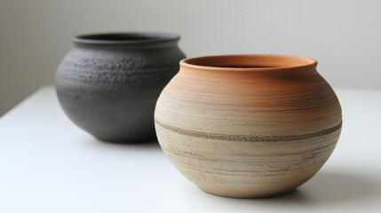 Close up of two handcrafted clay pots showcasing texture and color diversity on a neutral background