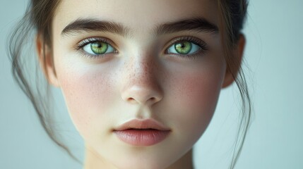 Naklejka premium Young girl with flawless skin and captivating green eyes gently touching her face against a soft white background in studio setting