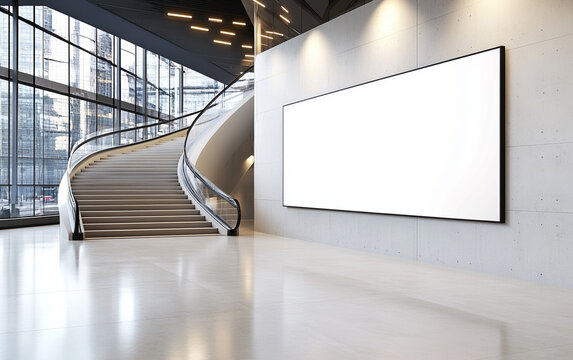 Empty billboard mockup near sleek staircase in modern building