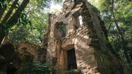 Ancient stone ruins surrounded by lush greenery in a serene forest setting showcasing nature reclaiming historical architecture