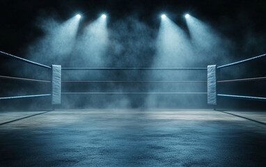 boxing ring illuminated by sharp spotlights in dark atmosphere, creating dramatic scene