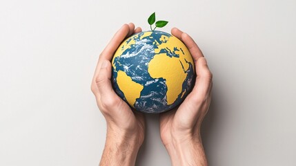 Environmental consideration concept. Hands holding a globe with a small plant, symbolizing environmental care and sustainability.