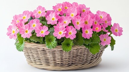 Vibrant pink primulas arranged in a woven basket showcasing elegance against a clean white backdrop for floral decoration themes