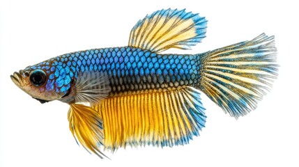 Fototapeta premium Vibrant Betta splendens fish showcasing striking colors and intricate fins against a clean white background for vivid aquatic displays