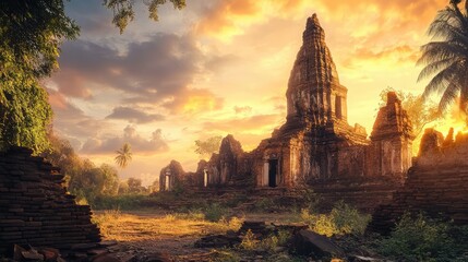 Fototapeta premium Renovation of ancient pagoda ruins at sunset surrounded by lush greenery and dramatic sky in an archaeological site