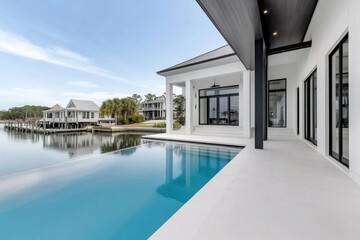 Fototapeta premium coastal mansion, upscale waterfront home with private dock boathouse, blending modern design with tranquil coastal living