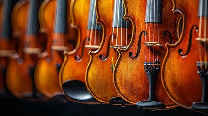 Naklejka premium A Row Of Polished Violins Ready To Play
