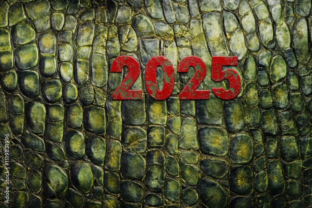 Poster 2025 is written on a green textured background, with red numbers and a snakeskin pattern, in a hyper