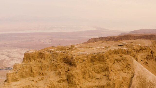 Aerial view of Masada or Metzada, ancient fortification at the Dead Sea region of Israel