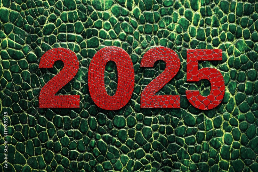 Poster 2025 is made of red leather texture on a green background, with a leather snake pattern and red numb