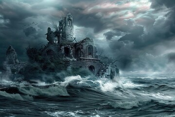 Fototapeta premium Ruined Stone Building on a Stormy Sea Island