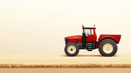 Obraz premium A bright red tractor stands on golden wheat fields under a soft sky, symbolizing agriculture and farming.