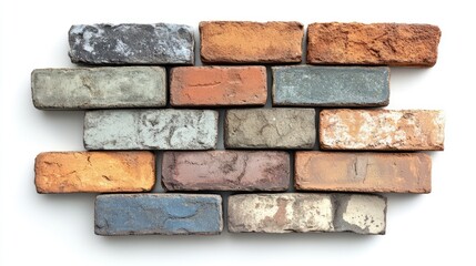 Colorful split-sided brick concrete arranged creatively on a white background showcasing unique textures and hues for design inspiration.