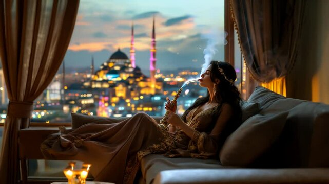 Eastern bliss: a girl with a hookah against the backdrop of a night city, an atmosphere of relaxation and peace,