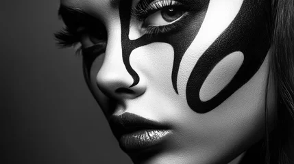Creative black and white portrait of a woman's face with artistic makeup highlighting beauty and artistic expression in a studio setting © NFTNexus
