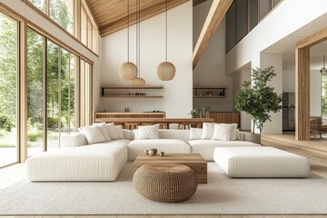 Modern minimalist living room spacious open concept large white sectional sofa