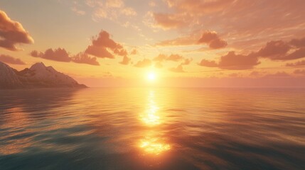 Fototapeta premium Serene golden hour sunset illuminating calm ocean waters with silhouette of mountains in the background tranquil nature scene.