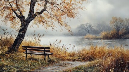 Obraz premium Autumn riverbank scene featuring a foggy day with a bench, tree, and golden rushes in a tranquil countryside atmosphere