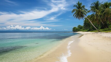 Tropical beach with clear turquoise water and palm trees under a bright summer sky in a serene coastal landscape.