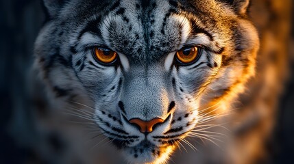 Obraz premium Wildlife portrait featuring extreme close-up of snow&nbsp;leopard with piercing amber eyes. Dramatic&nbsp;lighting highlights detailed fur texture and intense gaze in professional&nbsp;nature photography style.
