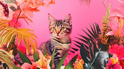 Aesthetic collage of a cat surrounded by vibrant tropical flowers on a pink background reflecting zine culture vibes.