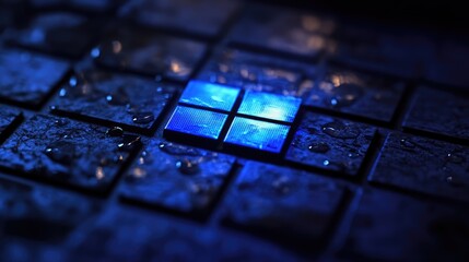 Windows 11 logo illuminated on a wet keyboard with blue lighting showcasing technology and modernity in a creative setting
