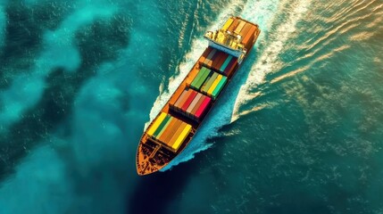 Cargo Ship Transporting Colorful Containers Across Tropical Waters