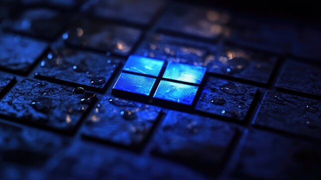 Windows 11 logo illuminated on a wet keyboard with blue lighting showcasing technology and modernity in a creative setting