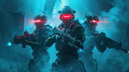 Futuristic Soldiers in a Smoke Filled Battlefield