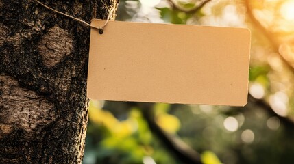 Blank eco-friendly paper sign on tree trunk highlighting the importance of forest conservation and environmental awareness in natural settings