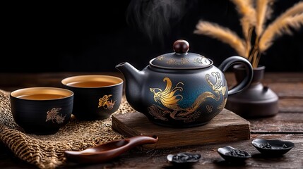Elegant Blue Ceramic Teapot with Gold Decorations and Tea Cups