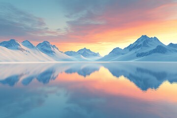 peaceful alpine lake reflecting majestic snowy peaks under vibrant dawn sky