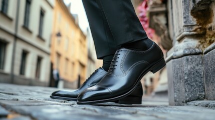 Classic black leather dress shoes for men stylishly paired with formal attire on a cobblestone street in an urban setting.