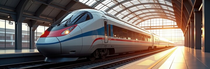 Fototapeta premium A modern high-speed train at a sleek station, illuminated by the warm glow of sunrise, symbolizing innovation and efficient transportation.