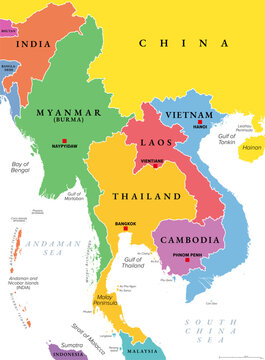 Northern part of Mainland Southeast Asia, multi colored political map, with borders and capitals. Formerly known as Indochina, with the countries Thailand, Vietnam, Myanmar, Laos, and Cambodia.