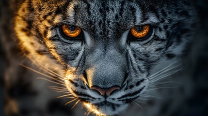 Obraz premium Wildlife portrait featuring extreme close-up of snow&nbsp;leopard with piercing amber eyes. Dramatic&nbsp;lighting highlights detailed fur texture and intense gaze in professional&nbsp;nature photography style.